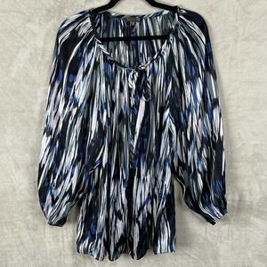 Vince Camuto Shirt Womens 1X Blue Tie Neck Abstract Artsy Career Blouse
